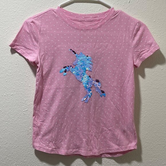 Wonder Nation Girls' Pink Polka Dot Unicorn Sequin Kids T-Shirt Size M (7-8) - Picture 2 of 8